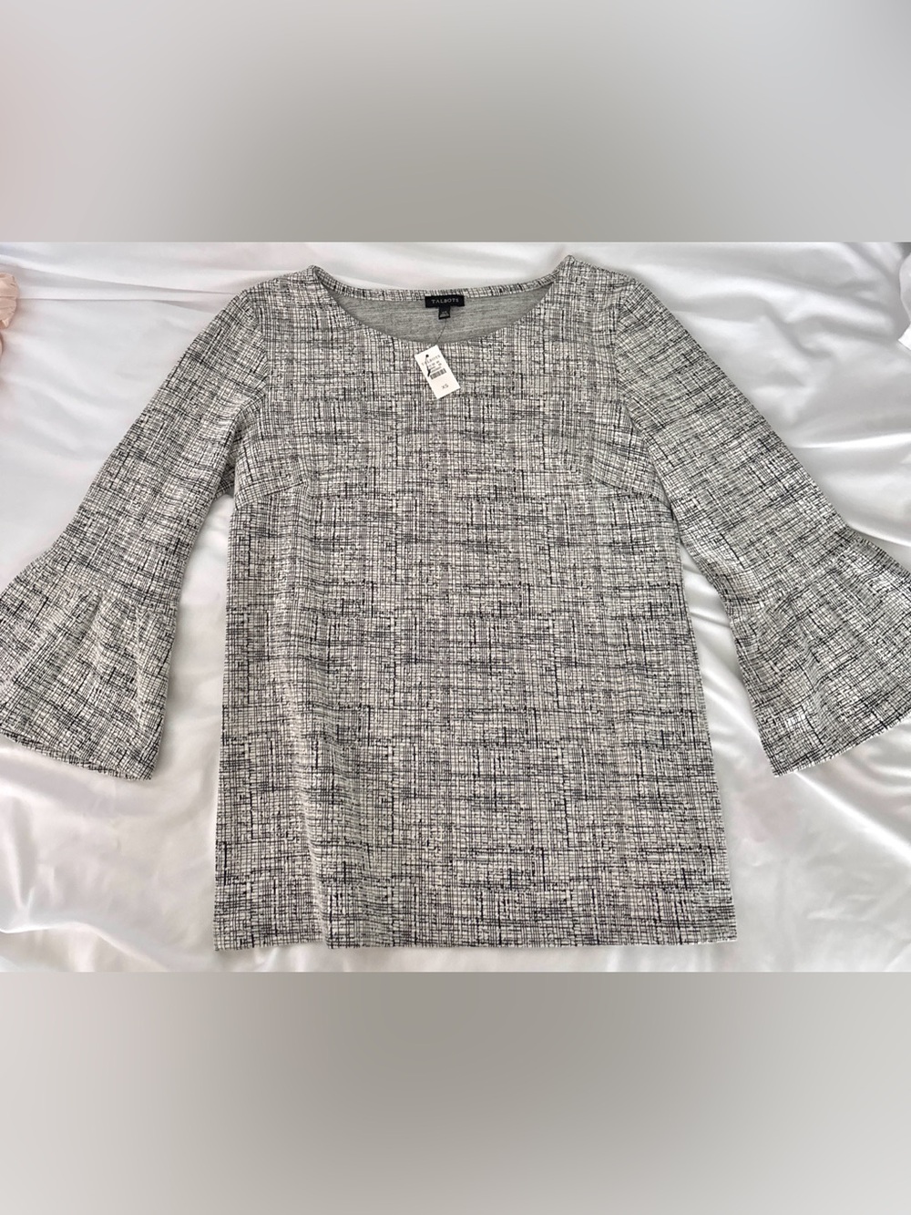 Talbots Black and White Textured Long-Sleeve Crewneck Top